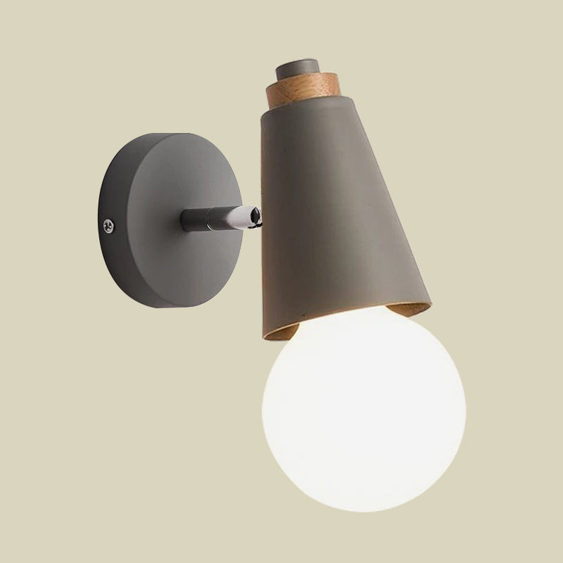Nordic Sweet Cone Wall Light Rotatable 1 Light Wall Sconce with Metal/Wood Backplate for Child Bedroom Clearhalo 'Cast Iron' 'Glass' 'Industrial' 'Modern wall lights' 'Modern' 'Tiffany' 'Traditional wall lights' 'Wall Lamps & Sconces' 'Wall Lights' Lighting' 1434526
