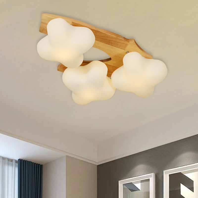 Foyer Plum Blossom Ceiling Lamp Frosted Glass Creative Beige & White LED Ceiling Mount Light 3 Wood Clearhalo 'Ceiling Lights' 'Close To Ceiling Lights' 'Close to ceiling' 'Semi-flushmount' Lighting' 1434538