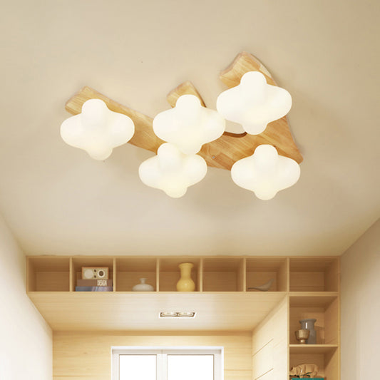 Foyer Plum Blossom Ceiling Lamp Frosted Glass Creative Beige & White LED Ceiling Mount Light 5 Wood Clearhalo 'Ceiling Lights' 'Close To Ceiling Lights' 'Close to ceiling' 'Semi-flushmount' Lighting' 1434543