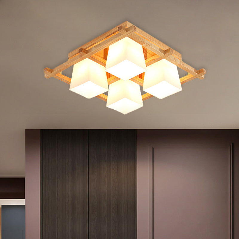 Wooden Checkerboard Shape Flush Mount Light Study Room Japanese Style Ceiling Light in Beige 4 Wood Clearhalo 'Ceiling Lights' 'Close To Ceiling Lights' 'Close to ceiling' 'Semi-flushmount' Lighting' 1434556