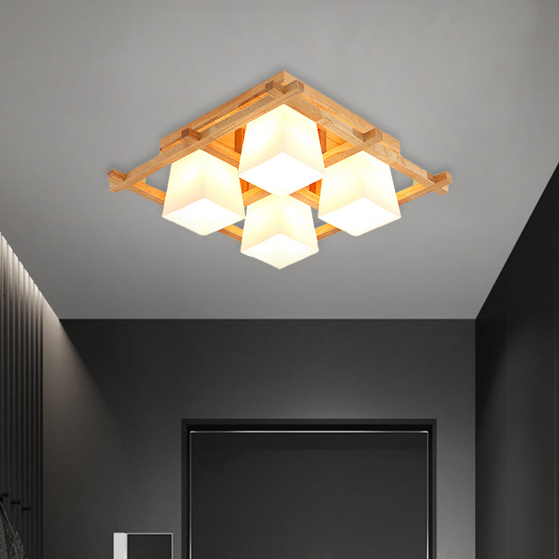 Wooden Checkerboard Shape Flush Mount Light Study Room Japanese Style Ceiling Light in Beige Clearhalo 'Ceiling Lights' 'Close To Ceiling Lights' 'Close to ceiling' 'Semi-flushmount' Lighting' 1434558