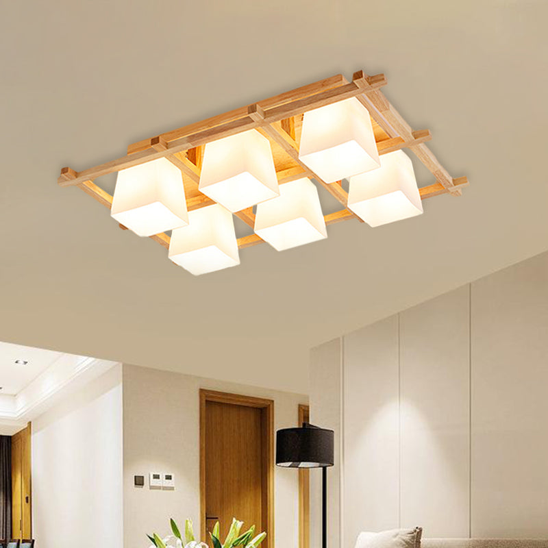 Wooden Checkerboard Shape Flush Mount Light Study Room Japanese Style Ceiling Light in Beige 6 Wood Clearhalo 'Ceiling Lights' 'Close To Ceiling Lights' 'Close to ceiling' 'Semi-flushmount' Lighting' 1434561