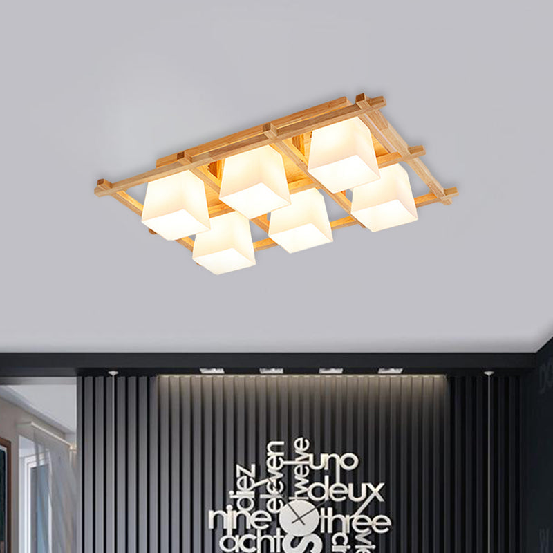 Wooden Checkerboard Shape Flush Mount Light Study Room Japanese Style Ceiling Light in Beige Clearhalo 'Ceiling Lights' 'Close To Ceiling Lights' 'Close to ceiling' 'Semi-flushmount' Lighting' 1434562