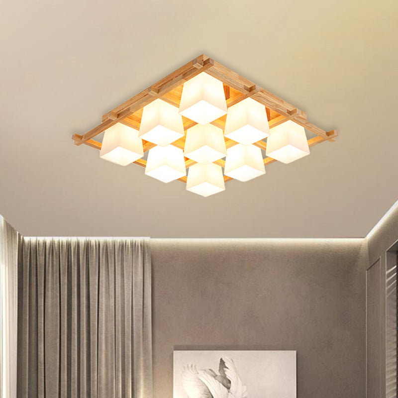 Wooden Checkerboard Shape Flush Mount Light Study Room Japanese Style Ceiling Light in Beige Clearhalo 'Ceiling Lights' 'Close To Ceiling Lights' 'Close to ceiling' 'Semi-flushmount' Lighting' 1434566