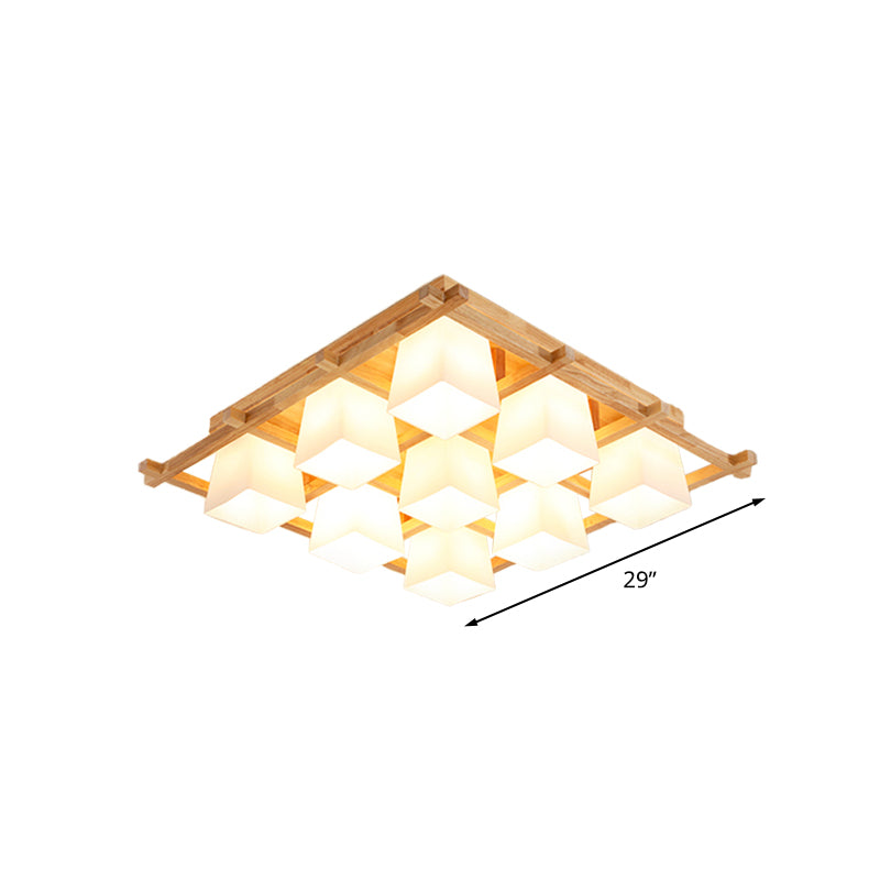 Wooden Checkerboard Shape Flush Mount Light Study Room Japanese Style Ceiling Light in Beige Clearhalo 'Ceiling Lights' 'Close To Ceiling Lights' 'Close to ceiling' 'Semi-flushmount' Lighting' 1434568