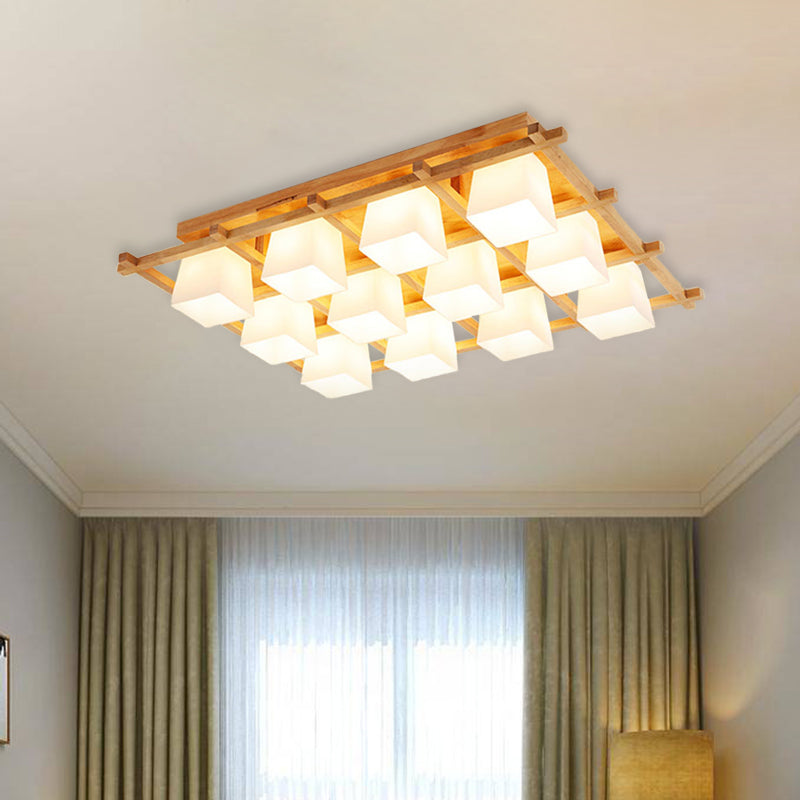 Wooden Checkerboard Shape Flush Mount Light Study Room Japanese Style Ceiling Light in Beige 12 Wood Clearhalo 'Ceiling Lights' 'Close To Ceiling Lights' 'Close to ceiling' 'Semi-flushmount' Lighting' 1434569