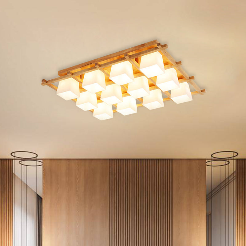 Wooden Checkerboard Shape Flush Mount Light Study Room Japanese Style Ceiling Light in Beige Clearhalo 'Ceiling Lights' 'Close To Ceiling Lights' 'Close to ceiling' 'Semi-flushmount' Lighting' 1434570