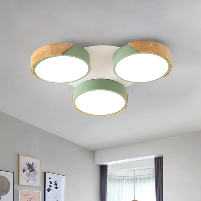 Nordic Modern LED Flush Ceiling Light 3-Drum Shade Metal Ceiling Fixture in Green/White for Porch Balcony Green Clearhalo 'Ceiling Lights' 'Close To Ceiling Lights' 'Close to ceiling' 'Semi-flushmount' Lighting' 1434591