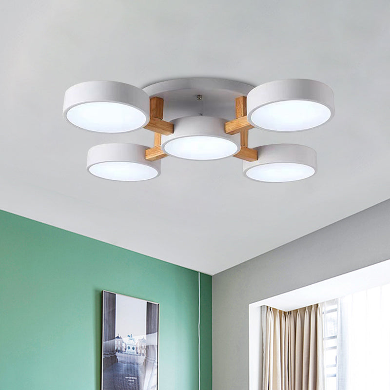 Macaron Drum Shade Ceiling Lamp Acrylic 3/4/5 Heads Green/Grey/White LED Semi Flush Ceiling Light for Bedroom 5 White Clearhalo 'Ceiling Lights' 'Close To Ceiling Lights' 'Close to ceiling' 'Semi-flushmount' Lighting' 1434615