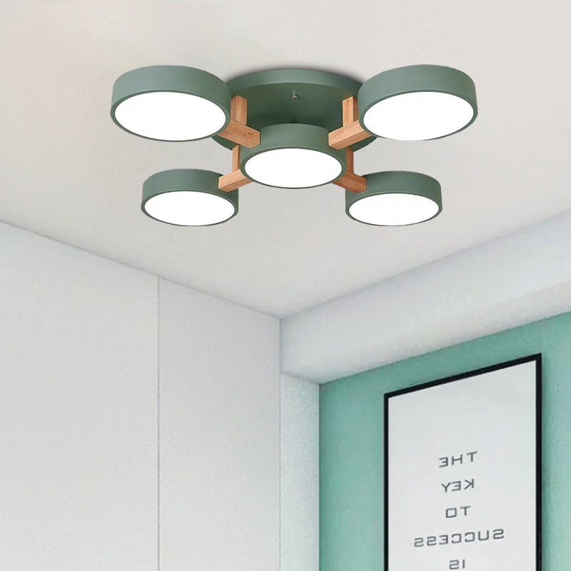 Macaron Drum Shade Ceiling Lamp Acrylic 3/4/5 Heads Green/Grey/White LED Semi Flush Ceiling Light for Bedroom 5 Green Clearhalo 'Ceiling Lights' 'Close To Ceiling Lights' 'Close to ceiling' 'Semi-flushmount' Lighting' 1434619