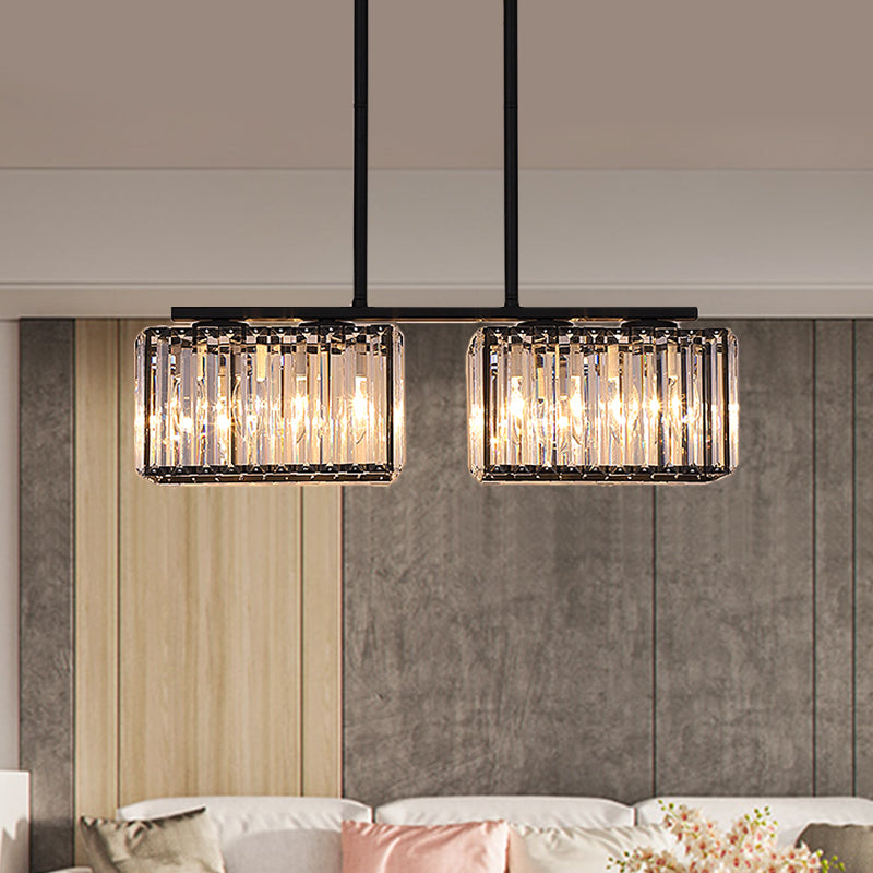 4/6/8 Heads Island Chandelier Contemporary Cuboid Shade Clear Crystal Hanging Light Fixture in Black 4 Black Clearhalo 'Ceiling Lights' 'Island Lights' Lighting' 1434642