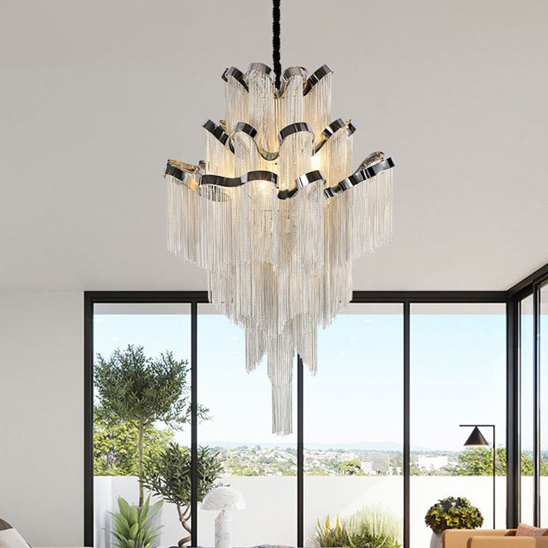 Chain Chandelier Lighting Modernist Nordic Style Metal 8 Lights Silver Hanging Ceiling Light Fixture Clearhalo 'Ceiling Lights' 'Chandeliers' 'Modern Chandeliers' 'Modern' Lighting' 1434689