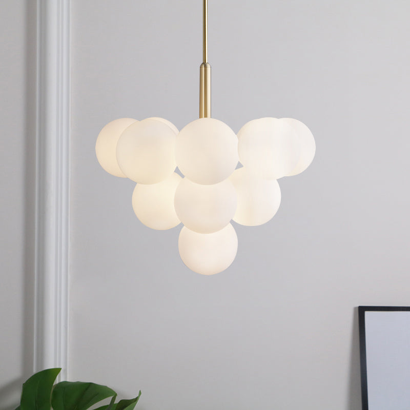 Ball White Glass Chandelier Lamp Contemporary 5/13 Lights Brass Hanging Pendant Light with Spherical Design Clearhalo 'Ceiling Lights' 'Chandeliers' 'Glass shade' 'Glass' 'Modern Chandeliers' 'Modern' Lighting' 1434698