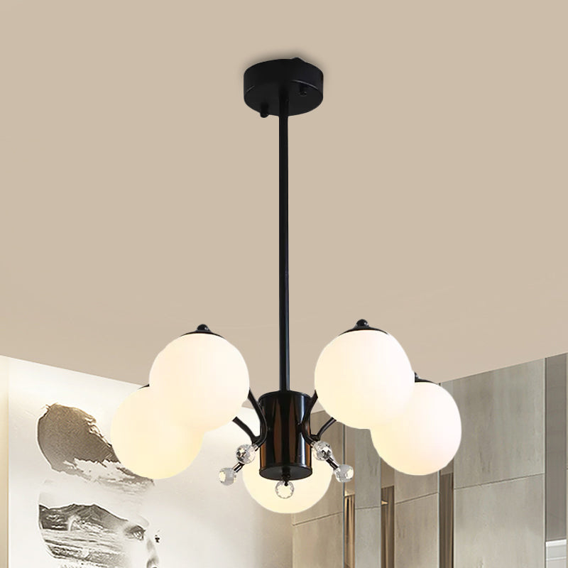 White Glass Ball Chandelier Modern 3/5/9 Lights Hanging Ceiling Fixture in Black with Curved Arm Clearhalo 'Ceiling Lights' 'Chandeliers' 'Glass shade' 'Glass' 'Modern Chandeliers' 'Modern' Lighting' 1434705