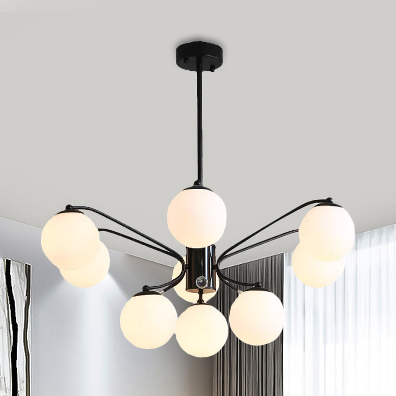 White Glass Ball Chandelier Modern 3/5/9 Lights Hanging Ceiling Fixture in Black with Curved Arm Clearhalo 'Ceiling Lights' 'Chandeliers' 'Glass shade' 'Glass' 'Modern Chandeliers' 'Modern' Lighting' 1434706