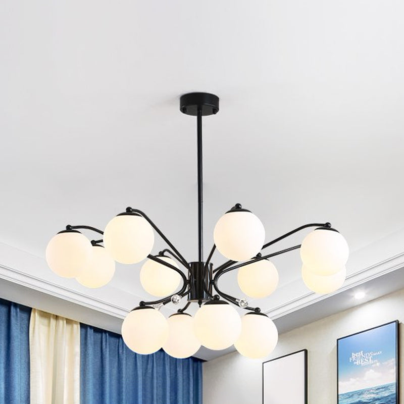 White Glass Ball Chandelier Modern 3/5/9 Lights Hanging Ceiling Fixture in Black with Curved Arm Clearhalo 'Ceiling Lights' 'Chandeliers' 'Glass shade' 'Glass' 'Modern Chandeliers' 'Modern' Lighting' 1434707