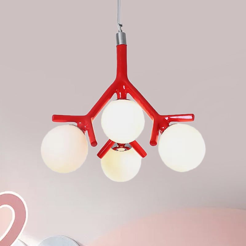 Global White Glass Chandelier with Branch Design Contemporary 4 Lights White/Black/Red Hanging Ceiling Fixture Clearhalo 'Ceiling Lights' 'Chandeliers' 'Glass shade' 'Glass' 'Modern Chandeliers' 'Modern' Lighting' 1434722