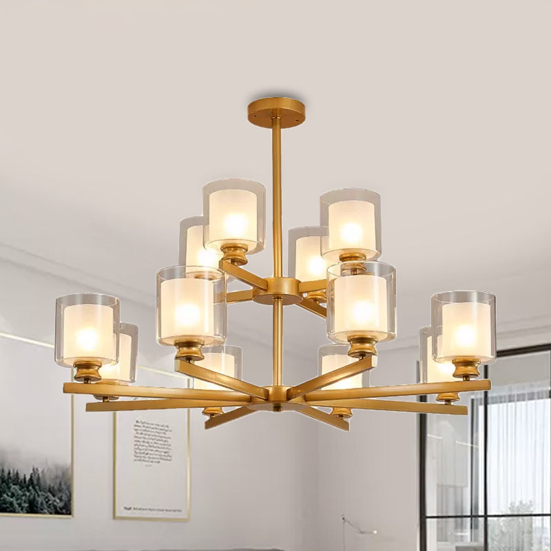 2-Tier Cylinder White Glass Chandelier with Radial Design Modernist 12 Lights Black/Gold/Sliver Hanging Light Fixture Clearhalo 'Ceiling Lights' 'Chandeliers' 'Glass shade' 'Glass' 'Modern Chandeliers' 'Modern' Lighting' 1434772