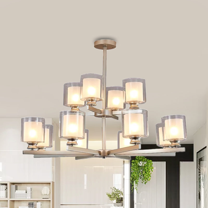 2-Tier Cylinder White Glass Chandelier with Radial Design Modernist 12 Lights Black/Gold/Sliver Hanging Light Fixture Clearhalo 'Ceiling Lights' 'Chandeliers' 'Glass shade' 'Glass' 'Modern Chandeliers' 'Modern' Lighting' 1434773