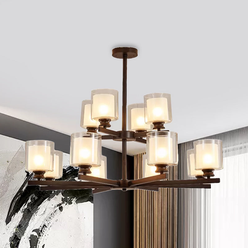 2-Tier Cylinder White Glass Chandelier with Radial Design Modernist 12 Lights Black/Gold/Sliver Hanging Light Fixture Clearhalo 'Ceiling Lights' 'Chandeliers' 'Glass shade' 'Glass' 'Modern Chandeliers' 'Modern' Lighting' 1434774