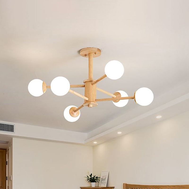 Starburst Chandelier Lighting Contemporary Wooden 6/8/12 Lights Hanging Ceiling Lamp Fixture with White Glass Ball Shade in Natural Wood Clearhalo 'Ceiling Lights' 'Chandeliers' 'Glass shade' 'Glass' 'Modern Chandeliers' 'Modern' Lighting' 1434803