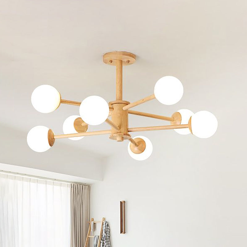 Starburst Chandelier Lighting Contemporary Wooden 6/8/12 Lights Hanging Ceiling Lamp Fixture with White Glass Ball Shade in Natural Wood Clearhalo 'Ceiling Lights' 'Chandeliers' 'Glass shade' 'Glass' 'Modern Chandeliers' 'Modern' Lighting' 1434804