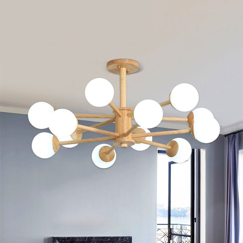 Starburst Chandelier Lighting Contemporary Wooden 6/8/12 Lights Hanging Ceiling Lamp Fixture with White Glass Ball Shade in Natural Wood Clearhalo 'Ceiling Lights' 'Chandeliers' 'Glass shade' 'Glass' 'Modern Chandeliers' 'Modern' Lighting' 1434805