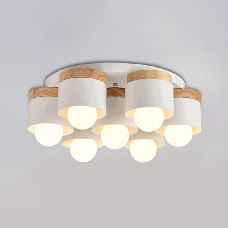 3/7 Heads Cylinder Ceiling Lights Flush Mount Modern Metal Wooden Ceiling Fixture for Indoor Clearhalo 'Ceiling Lights' 'Close To Ceiling Lights' 'Close to ceiling' 'Semi-flushmount' Lighting' 1434840