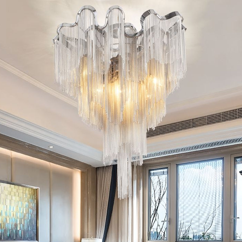 Draped Metal Chain Flush Ceiling Light Fixture Modern 6 Lights Silver Living Room Ceiling Flush Mount Clearhalo 'Ceiling Lights' 'Close To Ceiling Lights' 'Close to ceiling' 'Flush mount' Lighting' 1434875