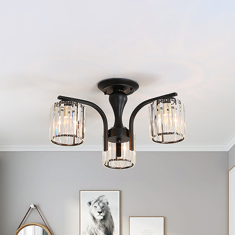 Cylinder Semi Flush Mount Light with Crystal Shade Nordic Metal 3/5 Lights Black Ceiling Light Fixture Clearhalo 'Ceiling Lights' 'Close To Ceiling Lights' 'Close to ceiling' 'Semi-flushmount' Lighting' 1434885