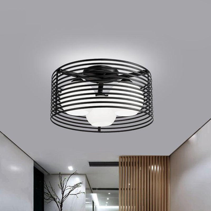 Round Iron Cage Semi Flush Mount Lamp Nordic Metal 3 Heads Black/White Bedroom Ceiling Flush Mount with Globe Glass Shade Clearhalo 'Ceiling Lights' 'Close To Ceiling Lights' 'Close to ceiling' 'Glass shade' 'Glass' 'Semi-flushmount' Lighting' 1434894