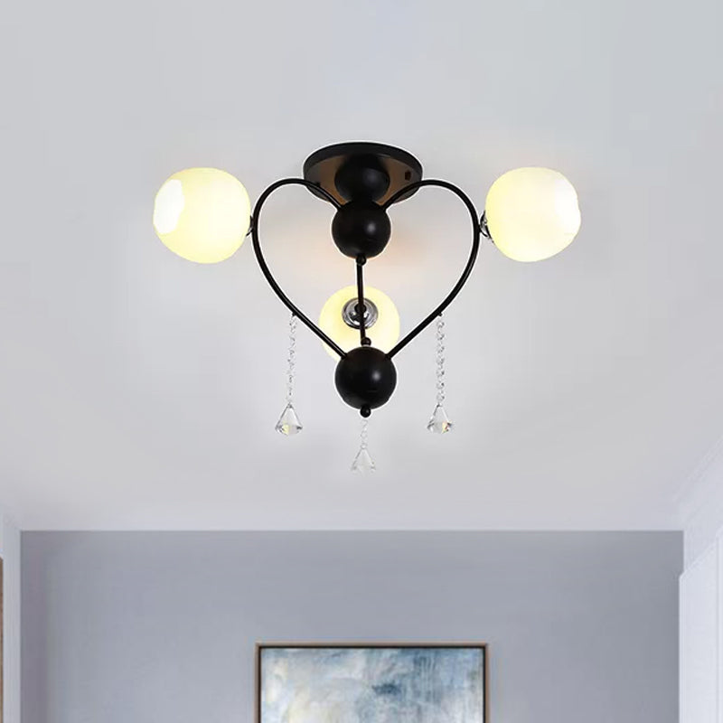 Globe Glass Shade Ceiling Light Fixture with Crystal Drop Rustic Metal 3/6/10 Heads Black/White Living Room Semi Flush Mount Light Clearhalo 'Ceiling Lights' 'Close To Ceiling Lights' 'Close to ceiling' 'Glass shade' 'Glass' 'Semi-flushmount' Lighting' 1434898