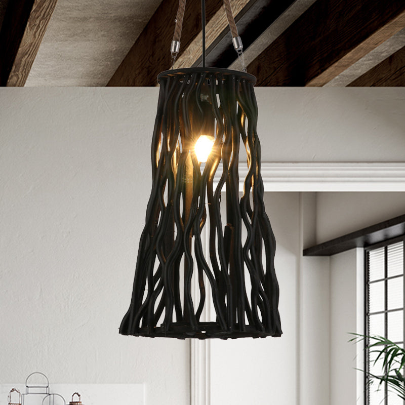 Rustic Barrel/Cone/Globe Pendant Ceiling Light Wood 1 Bulb Dining Room Hanging Lamp in Black Clearhalo 'Ceiling Lights' 'Pendant Lights' 'Pendants' Lighting' 1434978