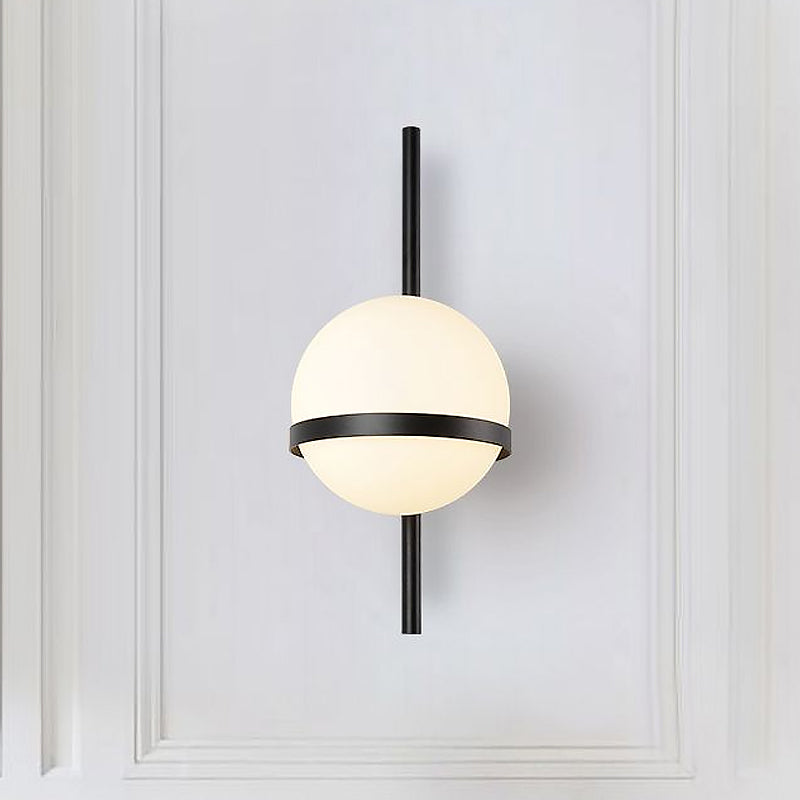 Black/Gold Vertical Wall Sconce Fixture Modern 1 Head Metal Wall Lamp with Orbit Opal Glass Shade, 6"/8" Width Clearhalo 'Cast Iron' 'Glass' 'Industrial' 'Modern wall lights' 'Modern' 'Tiffany' 'Traditional wall lights' 'Wall Lamps & Sconces' 'Wall Lights' Lighting' 1435081