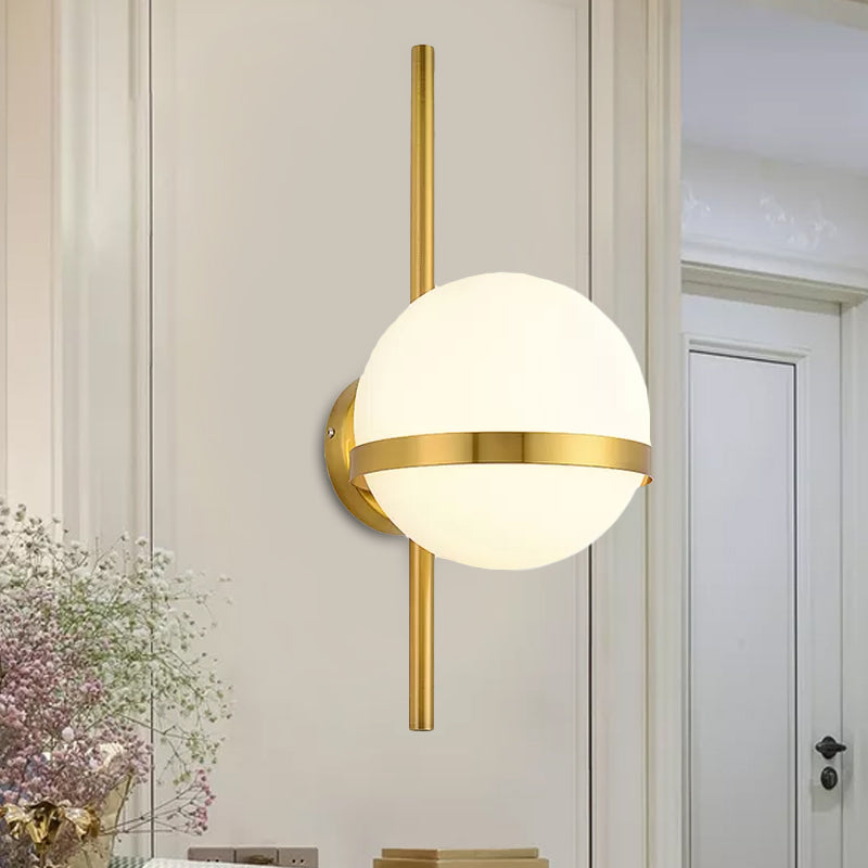 Black/Gold Vertical Wall Sconce Fixture Modern 1 Head Metal Wall Lamp with Orbit Opal Glass Shade, 6"/8" Width Clearhalo 'Cast Iron' 'Glass' 'Industrial' 'Modern wall lights' 'Modern' 'Tiffany' 'Traditional wall lights' 'Wall Lamps & Sconces' 'Wall Lights' Lighting' 1435082