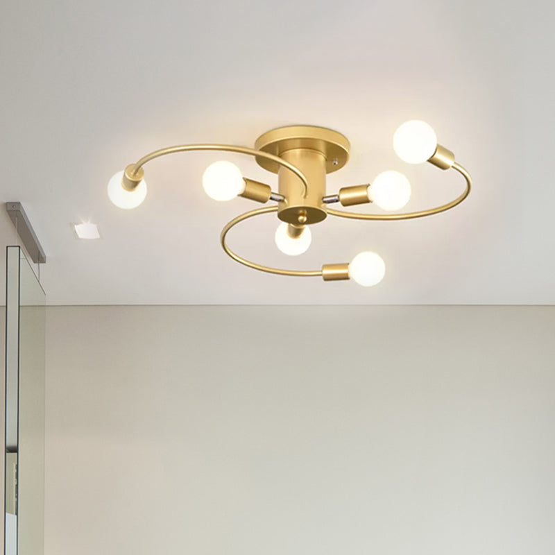 6 Lights Swirl Semi Flush Mount Nordic Metal Gold/Black Living Room Ceiling Flush Mount Light Clearhalo 'Ceiling Lights' 'Close To Ceiling Lights' 'Close to ceiling' 'Semi-flushmount' Lighting' 1435174