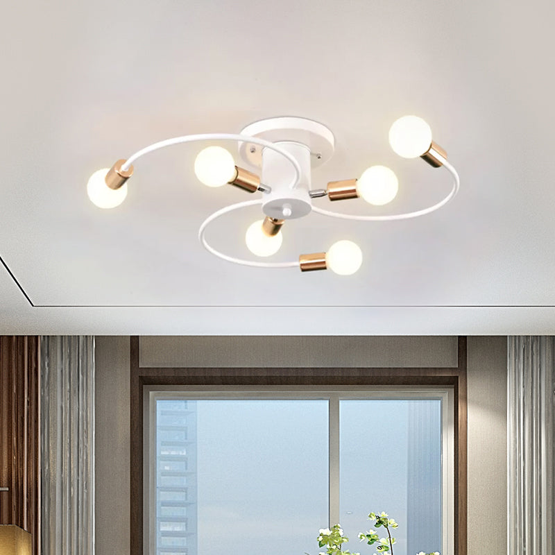 6 Lights Swirl Semi Flush Mount Nordic Metal Gold/Black Living Room Ceiling Flush Mount Light Clearhalo 'Ceiling Lights' 'Close To Ceiling Lights' 'Close to ceiling' 'Semi-flushmount' Lighting' 1435175