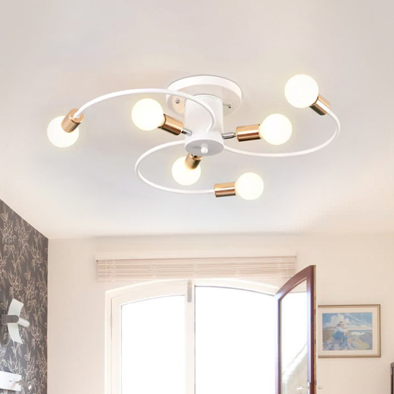 6 Lights Swirl Semi Flush Mount Nordic Metal Gold/Black Living Room Ceiling Flush Mount Light Clearhalo 'Ceiling Lights' 'Close To Ceiling Lights' 'Close to ceiling' 'Semi-flushmount' Lighting' 1435176