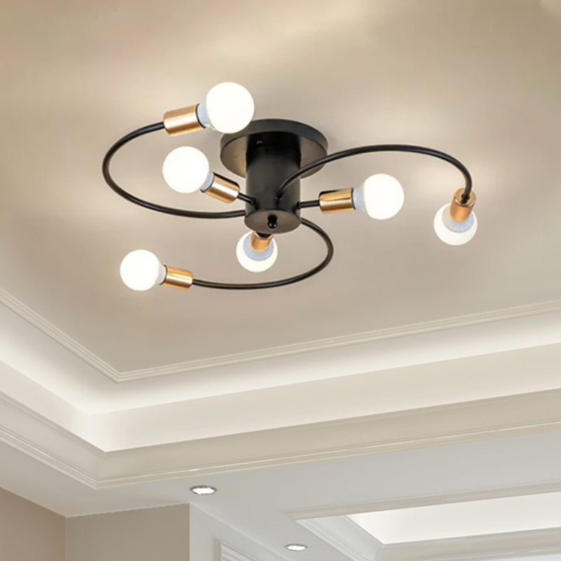 6 Lights Swirl Semi Flush Mount Nordic Metal Gold/Black Living Room Ceiling Flush Mount Light Clearhalo 'Ceiling Lights' 'Close To Ceiling Lights' 'Close to ceiling' 'Semi-flushmount' Lighting' 1435177