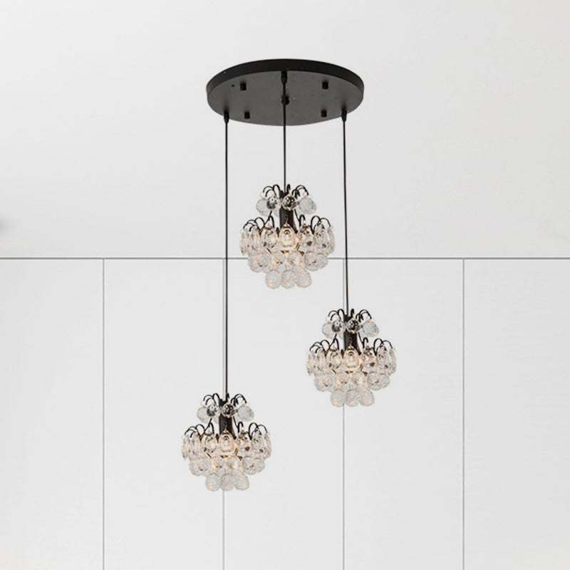 Round/Linear Canopy Dinning Hall Multi Ceiling Lamp Modern Metal 3 Bulbs Black/Gold Hanging Pendant with Clear Crystal Balls Black Round Clearhalo 'Ceiling Lights' 'Modern Pendants' 'Modern' 'Pendant Lights' 'Pendants' Lighting' 1435178