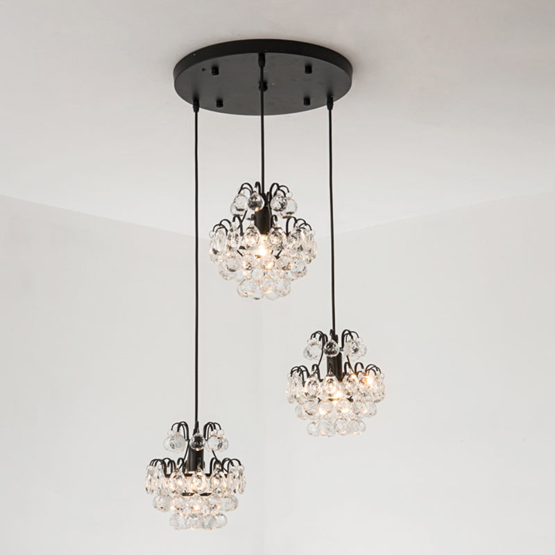 Round/Linear Canopy Dinning Hall Multi Ceiling Lamp Modern Metal 3 Bulbs Black/Gold Hanging Pendant with Clear Crystal Balls Clearhalo 'Ceiling Lights' 'Modern Pendants' 'Modern' 'Pendant Lights' 'Pendants' Lighting' 1435179