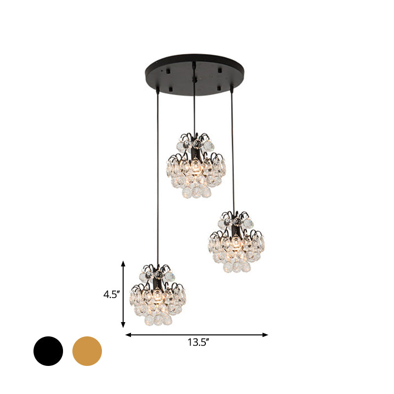 Round/Linear Canopy Dinning Hall Multi Ceiling Lamp Modern Metal 3 Bulbs Black/Gold Hanging Pendant with Clear Crystal Balls Clearhalo 'Ceiling Lights' 'Modern Pendants' 'Modern' 'Pendant Lights' 'Pendants' Lighting' 1435181