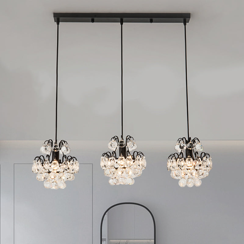 Round/Linear Canopy Dinning Hall Multi Ceiling Lamp Modern Metal 3 Bulbs Black/Gold Hanging Pendant with Clear Crystal Balls Clearhalo 'Ceiling Lights' 'Modern Pendants' 'Modern' 'Pendant Lights' 'Pendants' Lighting' 1435187