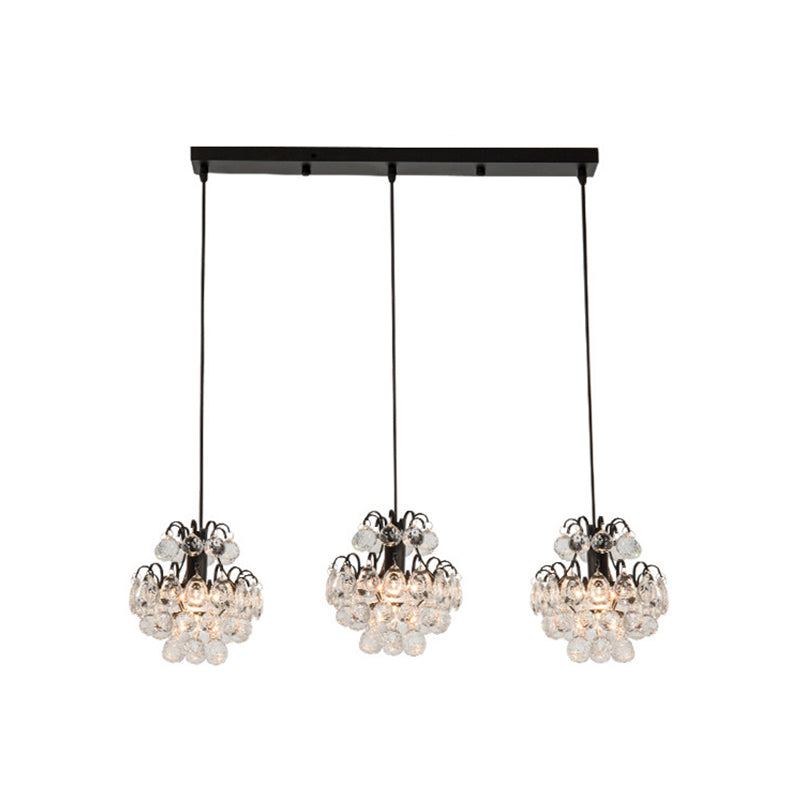 Round/Linear Canopy Dinning Hall Multi Ceiling Lamp Modern Metal 3 Bulbs Black/Gold Hanging Pendant with Clear Crystal Balls Clearhalo 'Ceiling Lights' 'Modern Pendants' 'Modern' 'Pendant Lights' 'Pendants' Lighting' 1435189