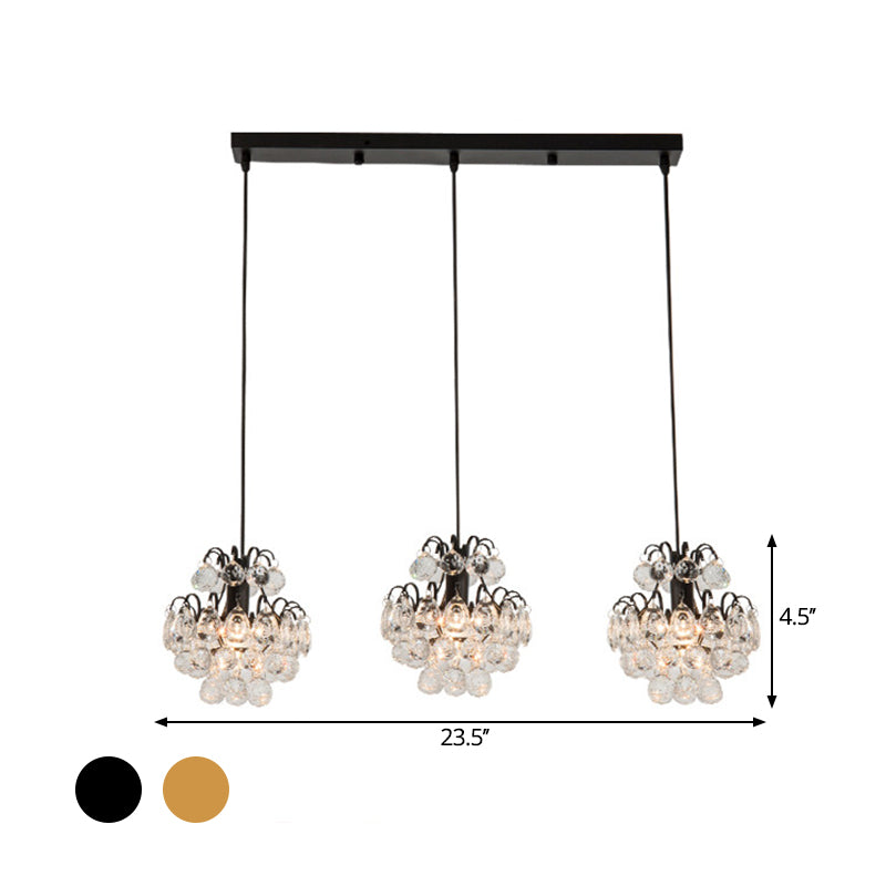 Round/Linear Canopy Dinning Hall Multi Ceiling Lamp Modern Metal 3 Bulbs Black/Gold Hanging Pendant with Clear Crystal Balls Clearhalo 'Ceiling Lights' 'Modern Pendants' 'Modern' 'Pendant Lights' 'Pendants' Lighting' 1435190