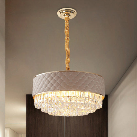 Crystal Prisms Drum Chandelier Lamp Fixture Modernist 10 Lights Gold Pendulum Light with Leatherwear Detail Clearhalo 'Ceiling Lights' 'Chandeliers' 'Modern Chandeliers' 'Modern' Lighting' 1435196