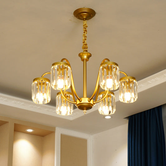 Post Modern Cylinder Pendant Chandelier Crystal Prisms 6/8 Heads Living Room Hanging Lighting in Gold 6 Gold Clearhalo 'Ceiling Lights' 'Chandeliers' 'Modern Chandeliers' 'Modern' Lighting' 1435199