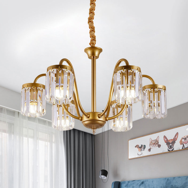 Post Modern Cylinder Pendant Chandelier Crystal Prisms 6/8 Heads Living Room Hanging Lighting in Gold Clearhalo 'Ceiling Lights' 'Chandeliers' 'Modern Chandeliers' 'Modern' Lighting' 1435200