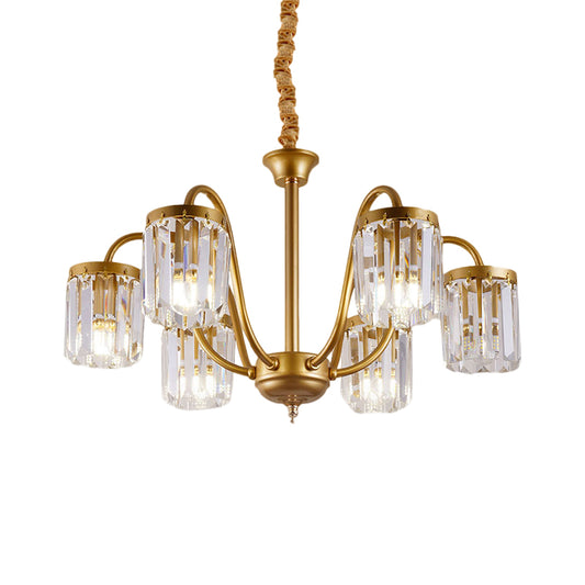 Post Modern Cylinder Pendant Chandelier Crystal Prisms 6/8 Heads Living Room Hanging Lighting in Gold Clearhalo 'Ceiling Lights' 'Chandeliers' 'Modern Chandeliers' 'Modern' Lighting' 1435201