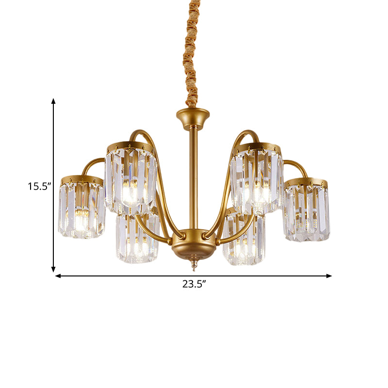 Post Modern Cylinder Pendant Chandelier Crystal Prisms 6/8 Heads Living Room Hanging Lighting in Gold Clearhalo 'Ceiling Lights' 'Chandeliers' 'Modern Chandeliers' 'Modern' Lighting' 1435202